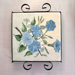 Vintage 70’s Hand Painted Ceramic Tile Trivet With Stand Signed and Dated